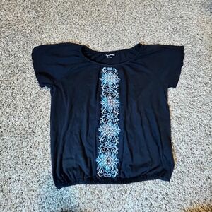 Croft & Barrow Womens Small Black Blue Floral Embroidered Bubble Hem Top S